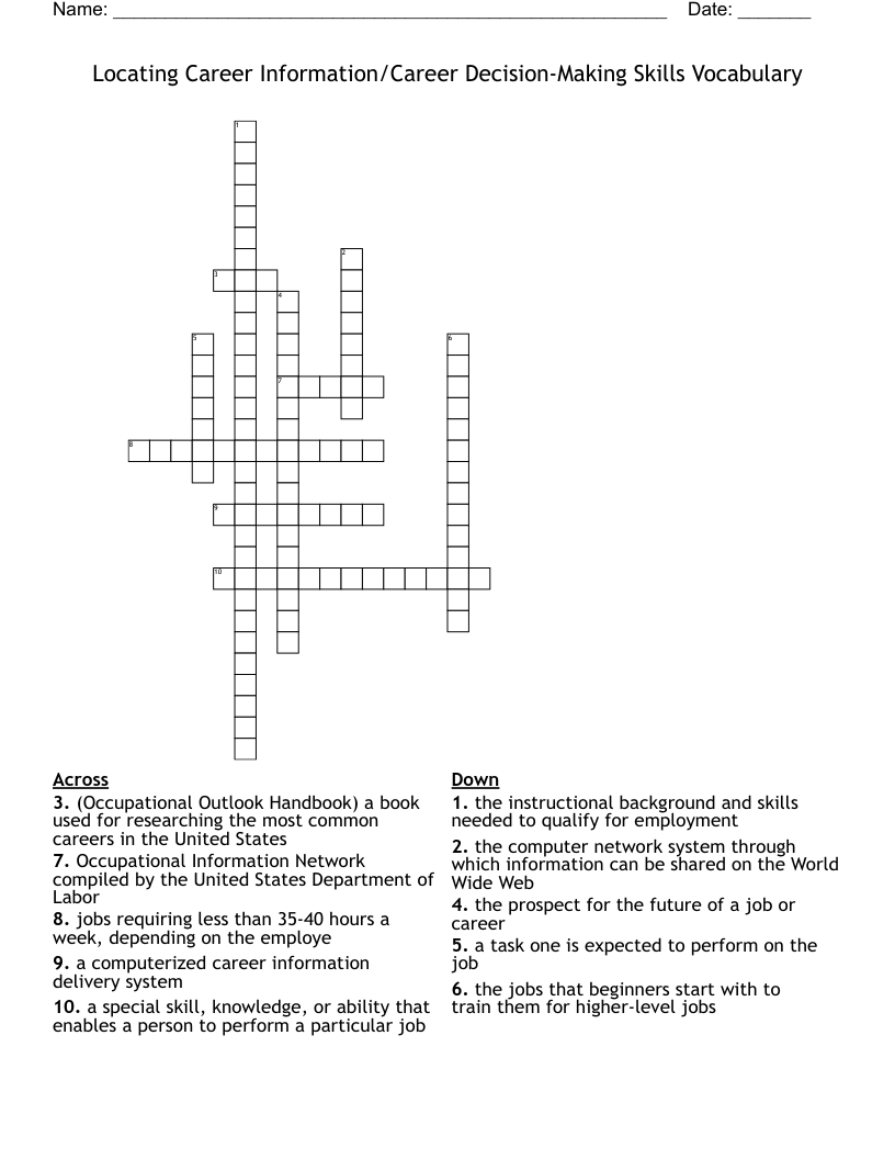 Locating Career Information/Career Decision-Making Skills Vocabulary Crossword