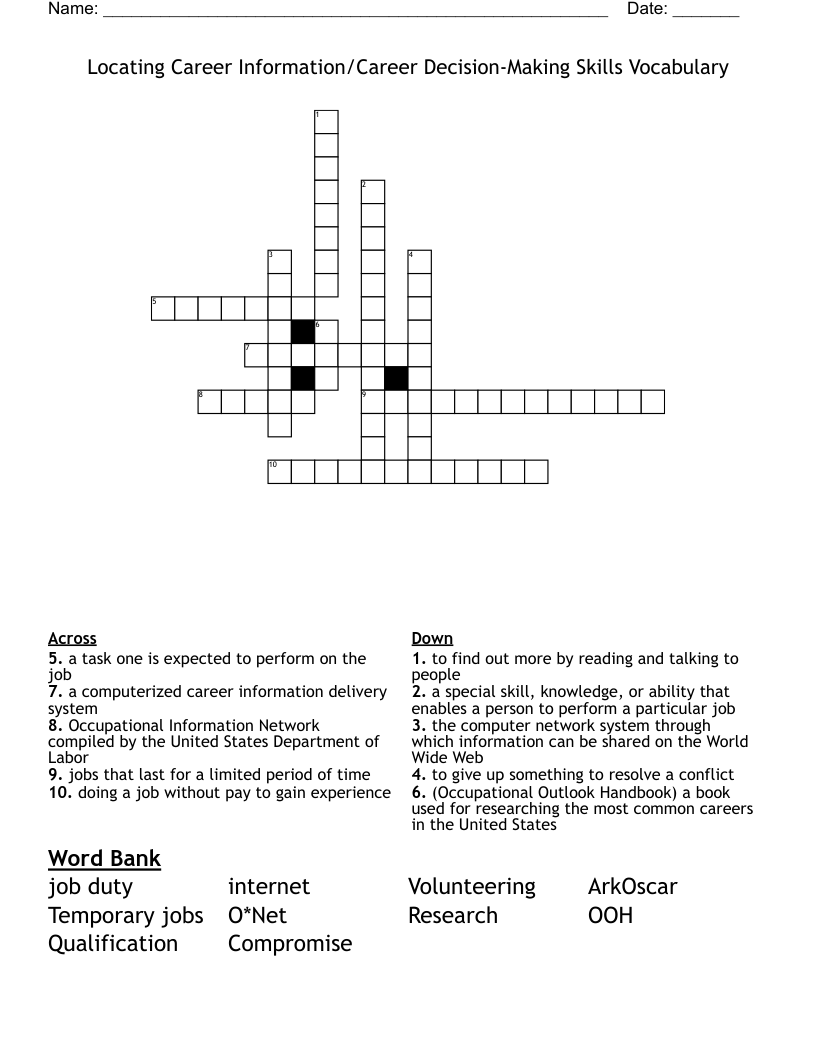 Locating Career Information/Career Decision-Making Skills Vocabulary  Crossword
