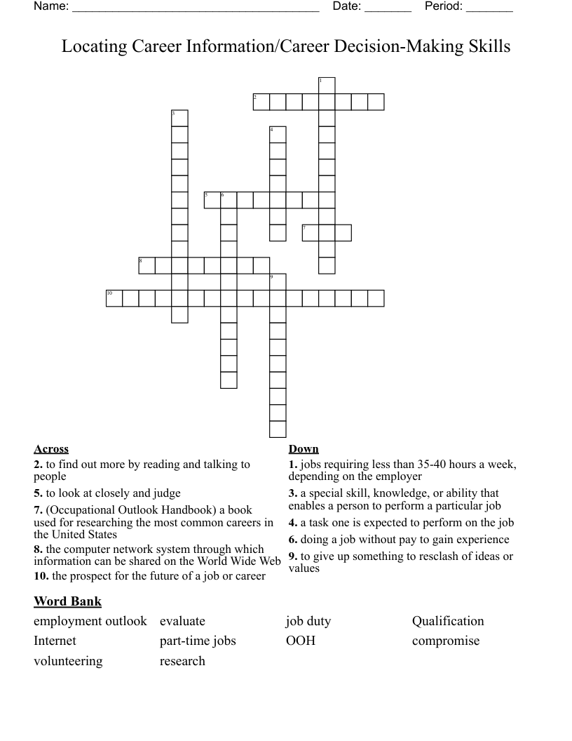 Locating Career Information/Career Decision-Making Skills  Crossword