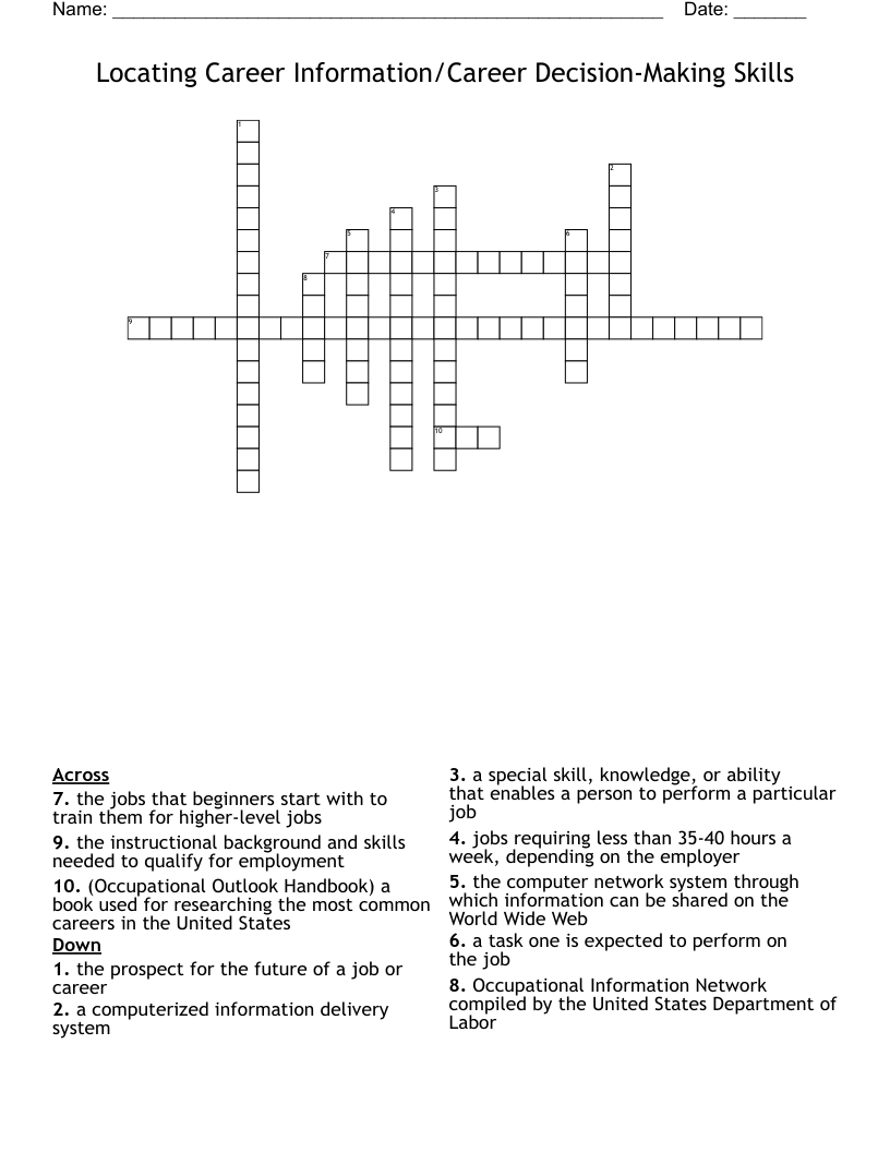 Locating Career Information/Career Decision-Making Skills  Crossword