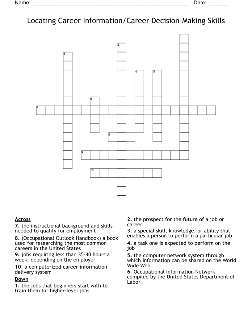 Locating Career Information/Career Decision-Making Skills  Crossword