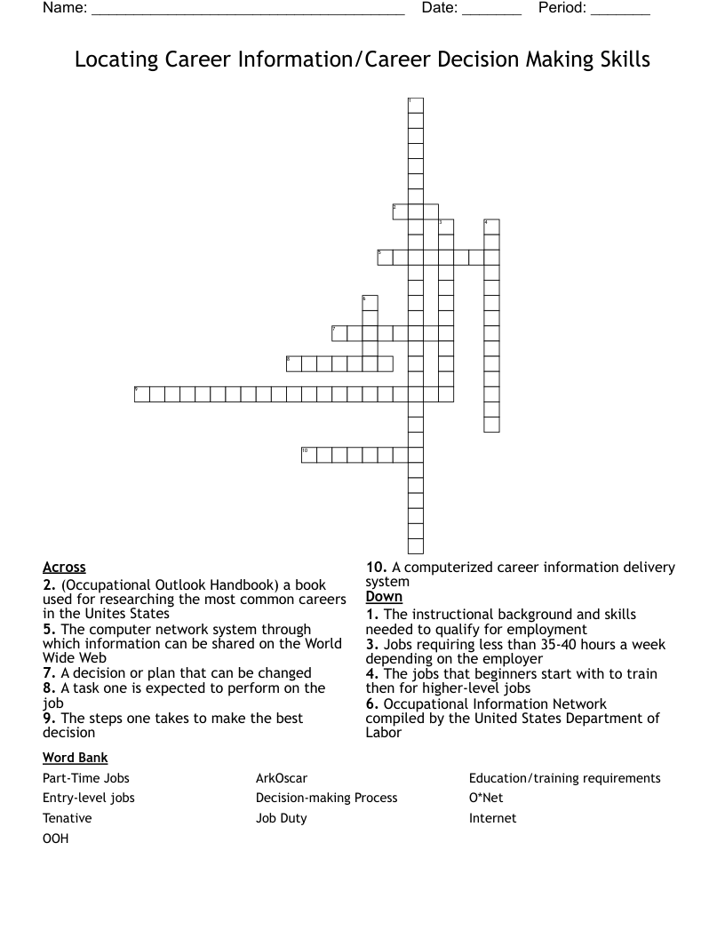 Locating Career Information/Career Decision Making Skills Crossword