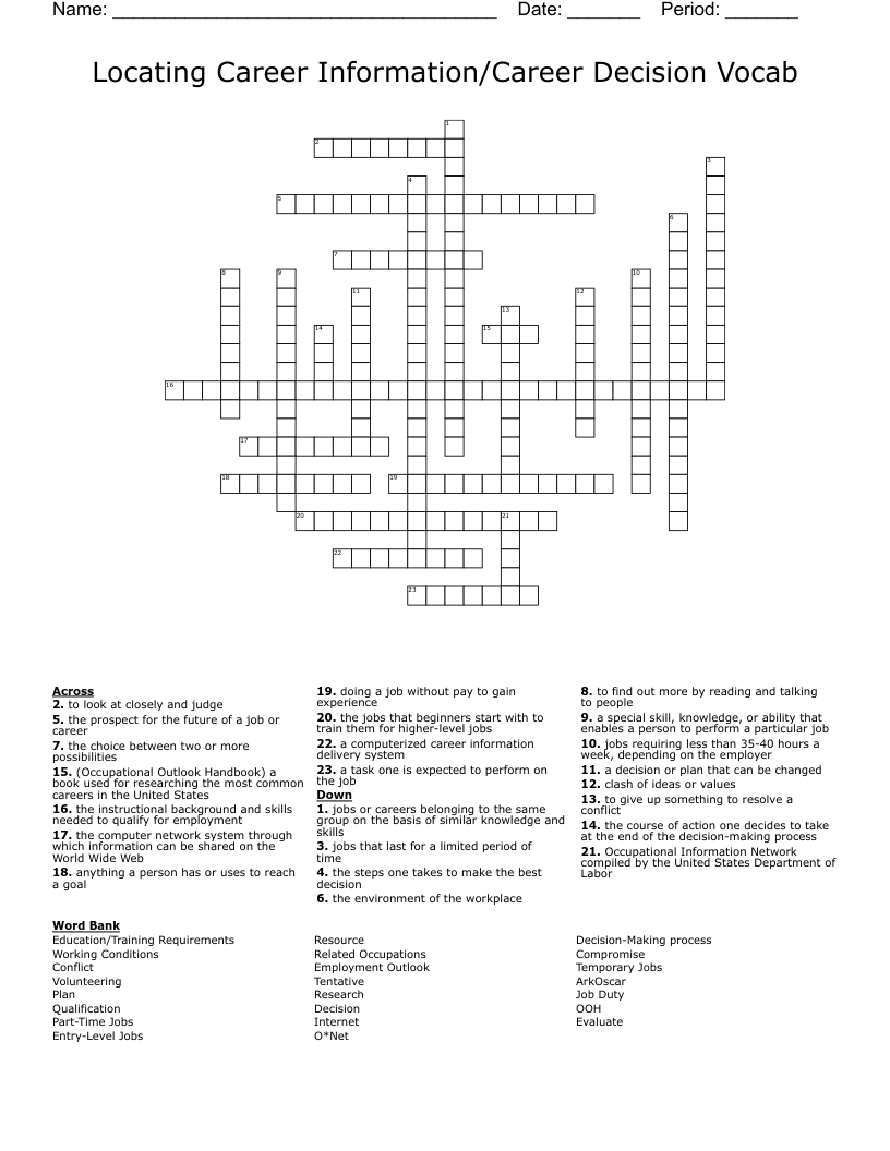 Locating Career Information/Career Decision Vocab Crossword