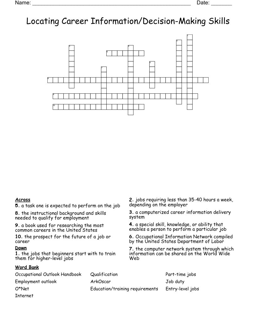Locating Career Information/Decision-Making Skills Crossword