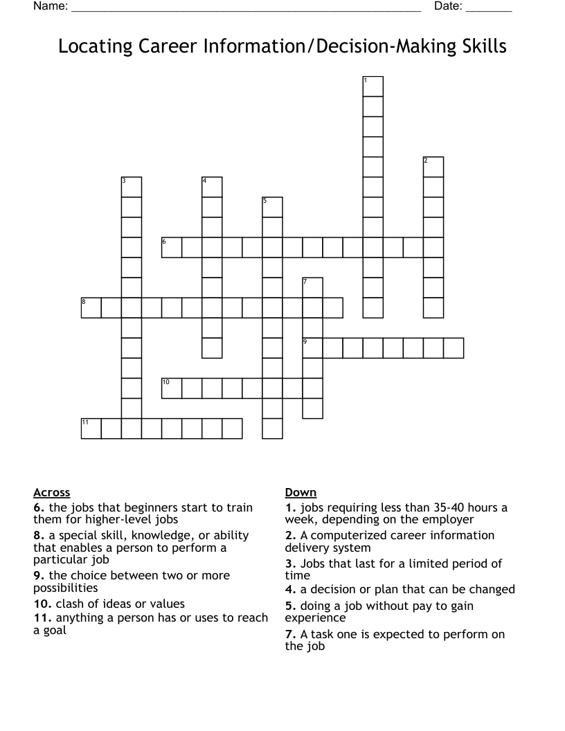 Locating Career Information/Decision-Making Skills Crossword
