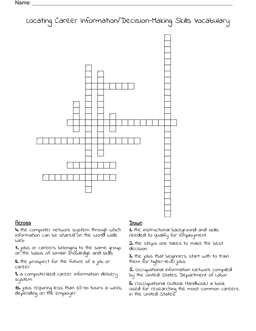 Locating Career Information/Decision-Making Skills Vocabulary Crossword