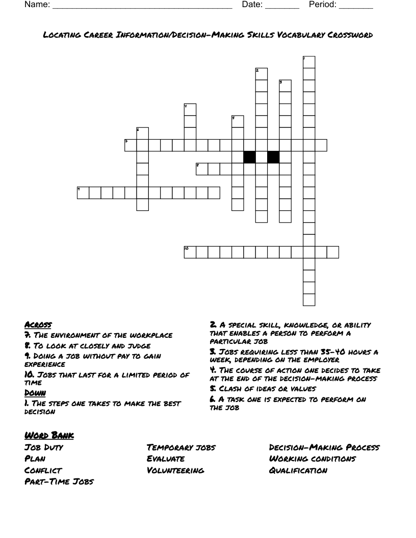 Locating Career Information/Decision-Making Skills Vocabulary Crossword