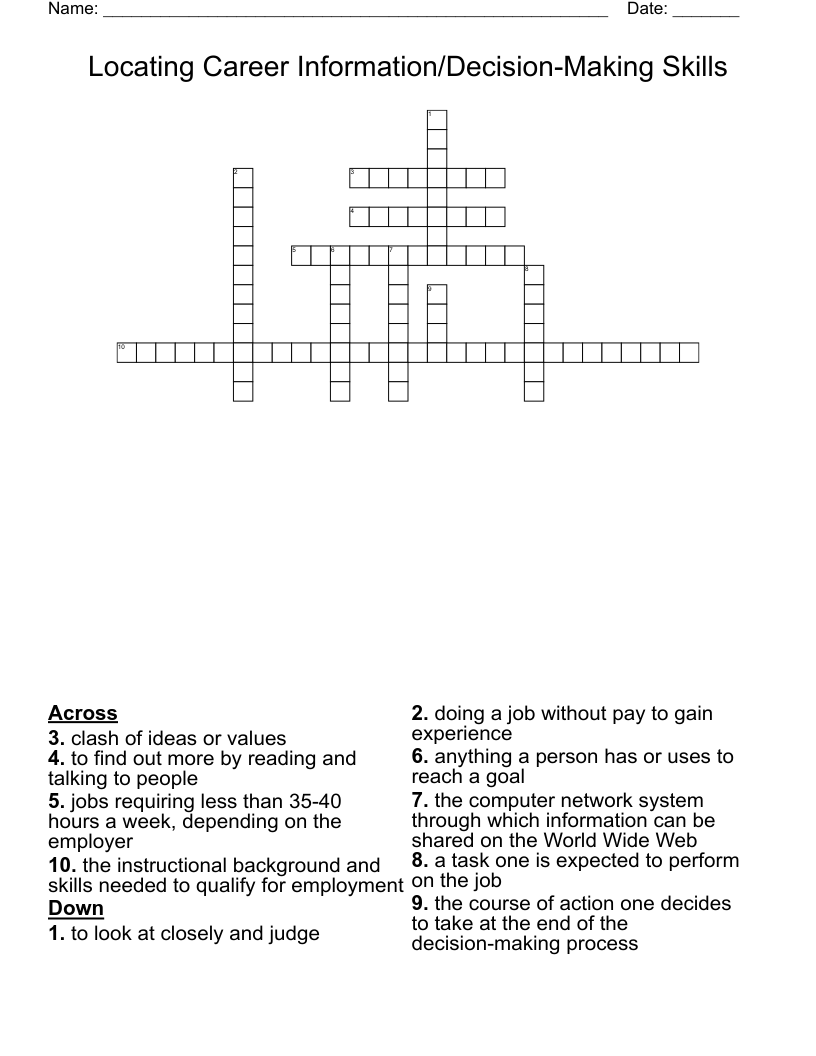 Locating Career Information/Decision-Making Skills  Crossword