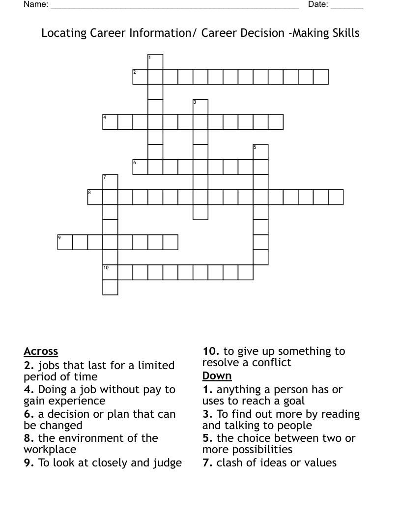 Locating Career Information/ Career Decision -Making Skills Crossword