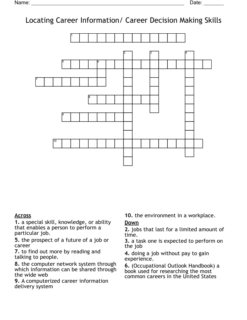 Locating Career Information/ Career Decision Making Skills Crossword