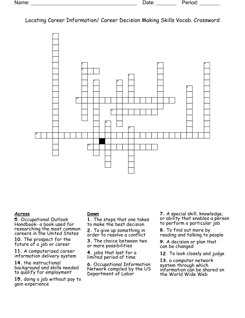 Locating Career Information/ Career Decision Making Skills Vocab. Crossword