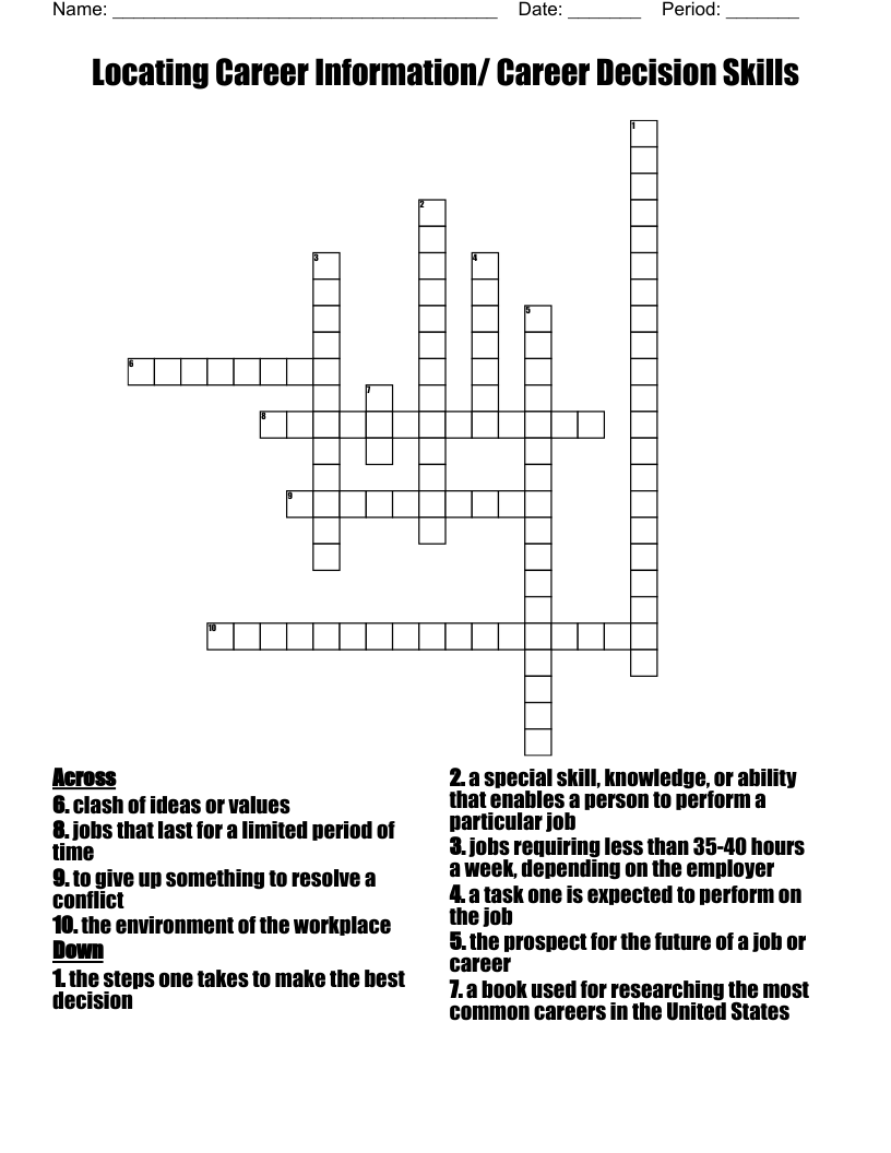 Locating Career Information/ Career Decision Skills Crossword