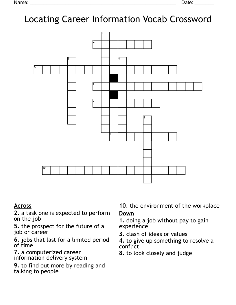 Locating Career Information Vocab Crossword