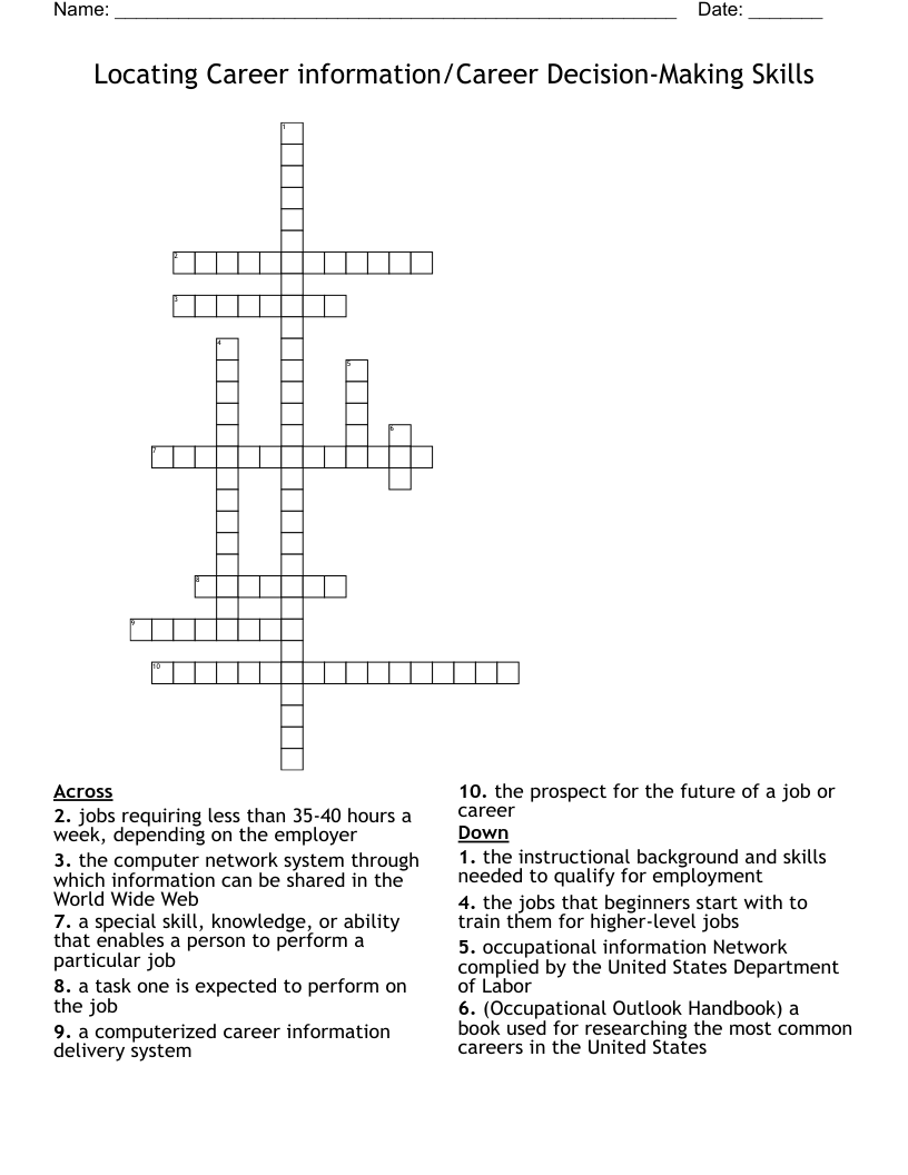 Locating Career information/Career Decision-Making Skills Crossword