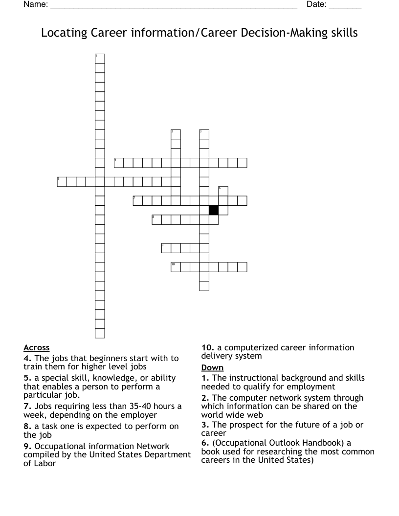 Locating Career information/Career Decision-Making skills Crossword