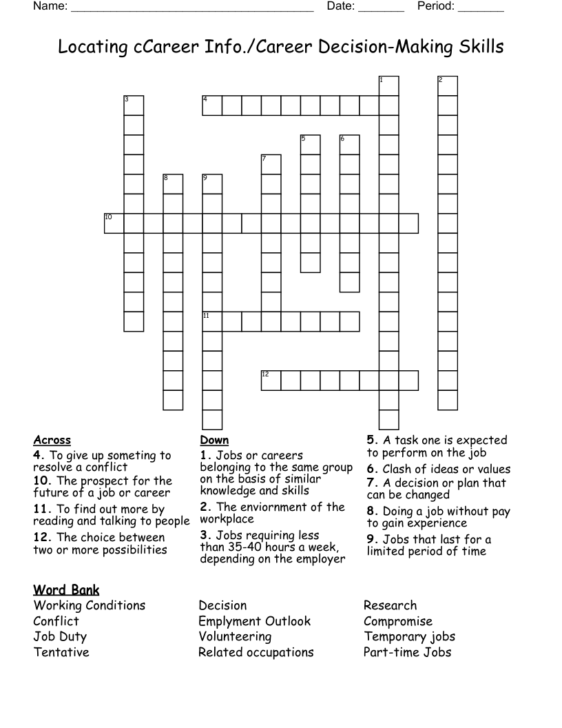 Locating cCareer Info./Career Decision-Making Skills Crossword