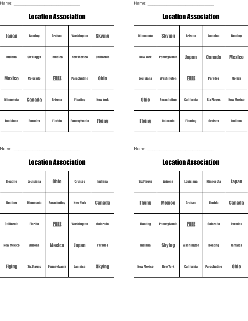 Location Association Bingo Cards
