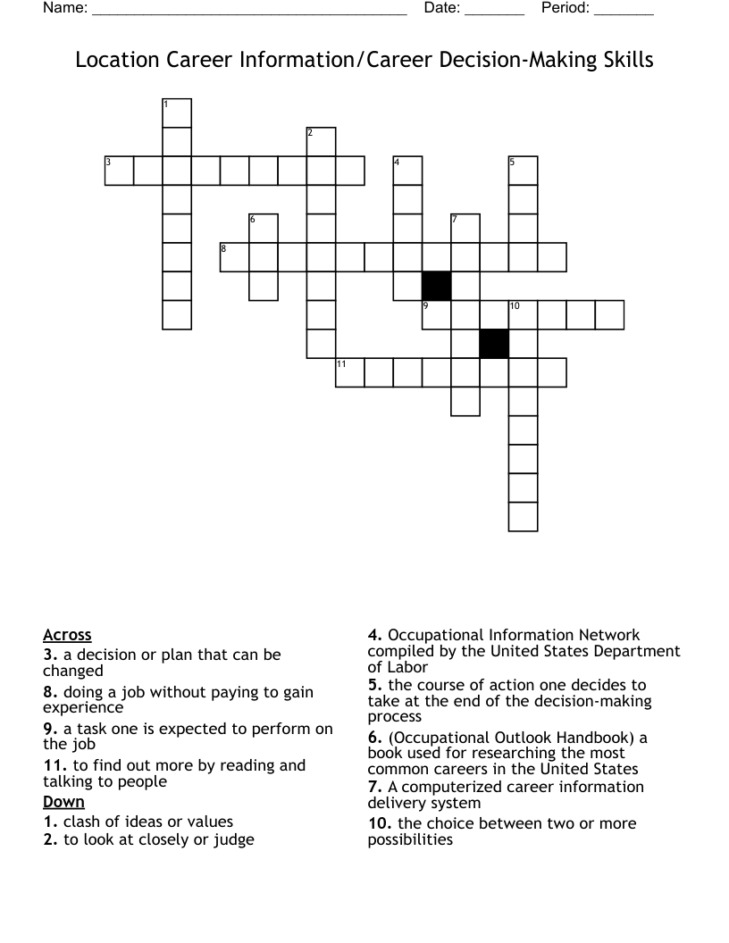 Location Career Information/Career Decision-Making Skills Crossword