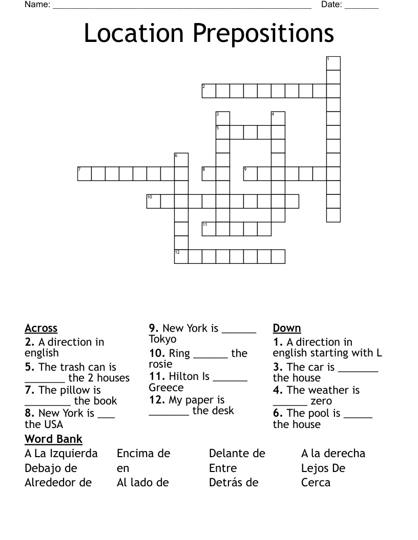 Location Prepositions Crossword