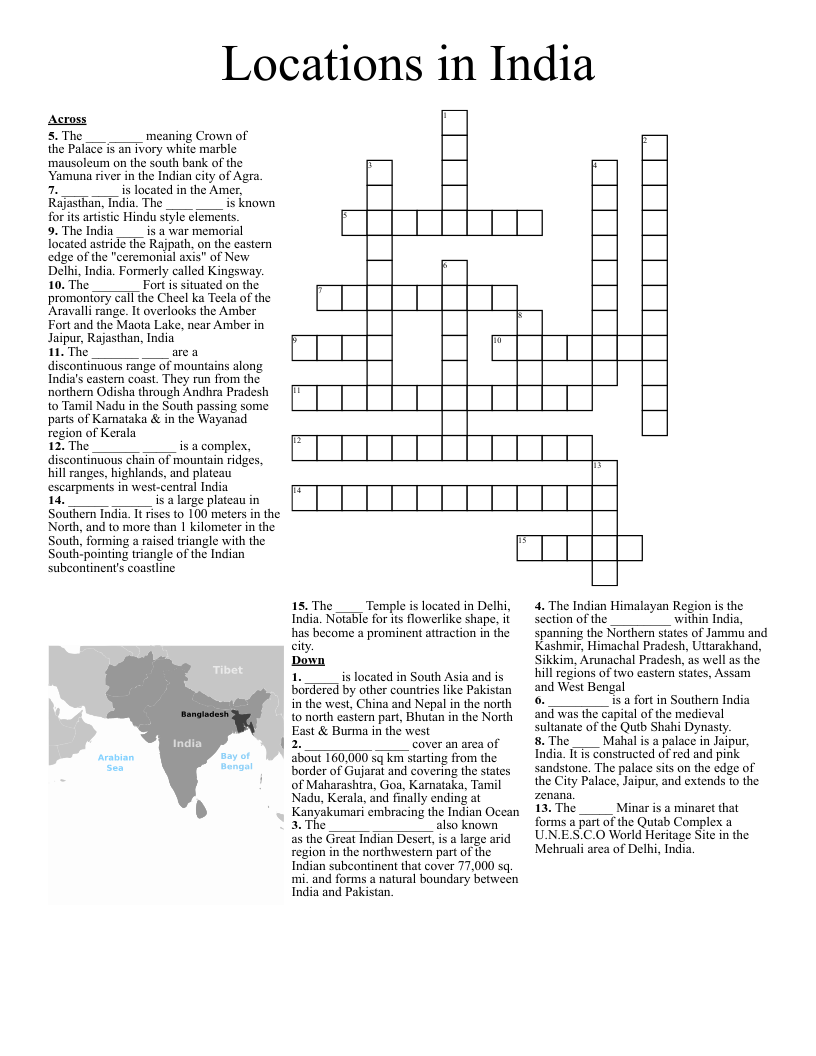 Locations in India Crossword