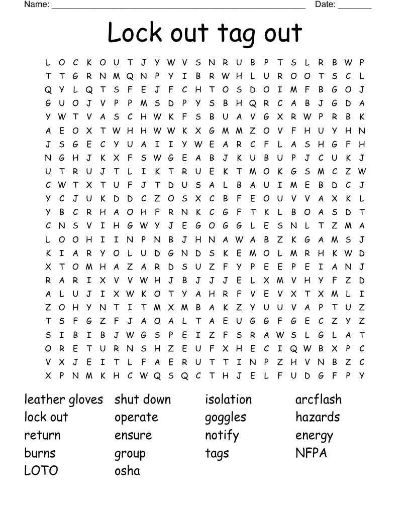 Lock out tag out Word Search