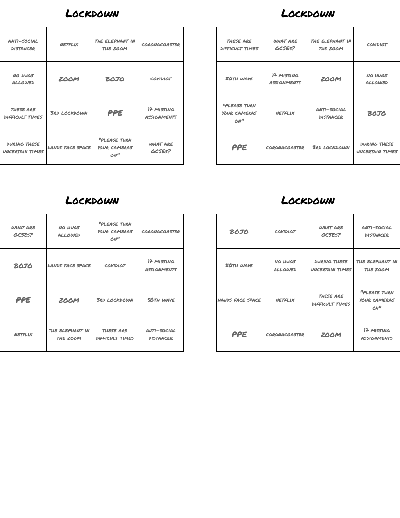 Lockdown Bingo Cards