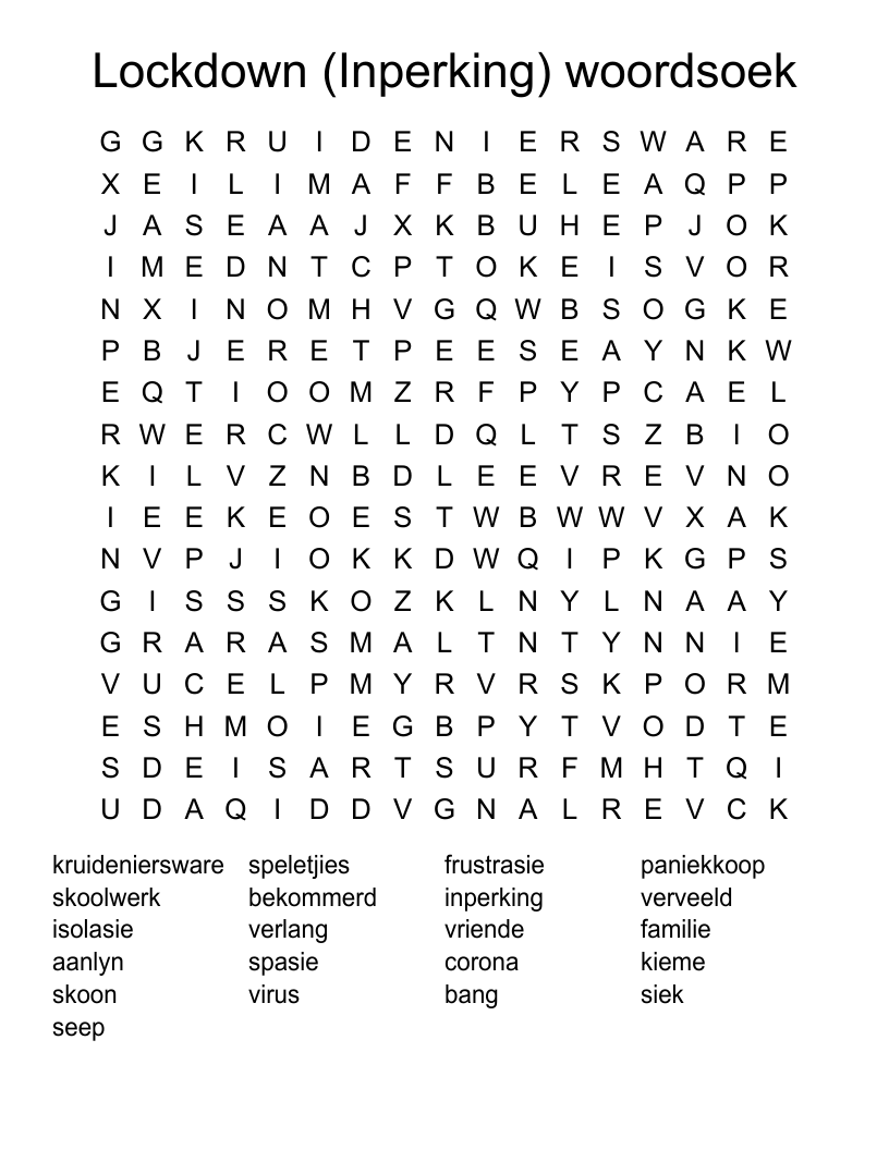 Lockdown (Inperking) woordsoek Word Search