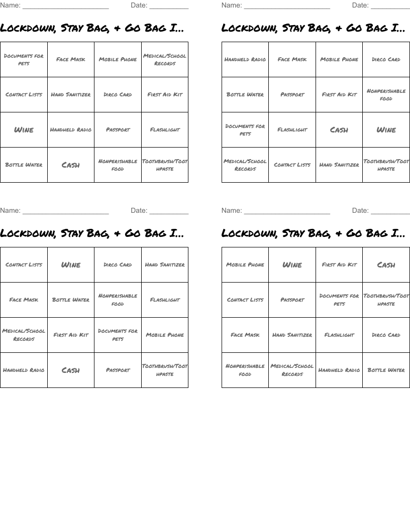 Lockdown, Stay Bag, & Go Bag Items Bingo Cards
