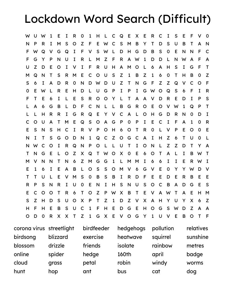 Lockdown Word Search (Difficult)
