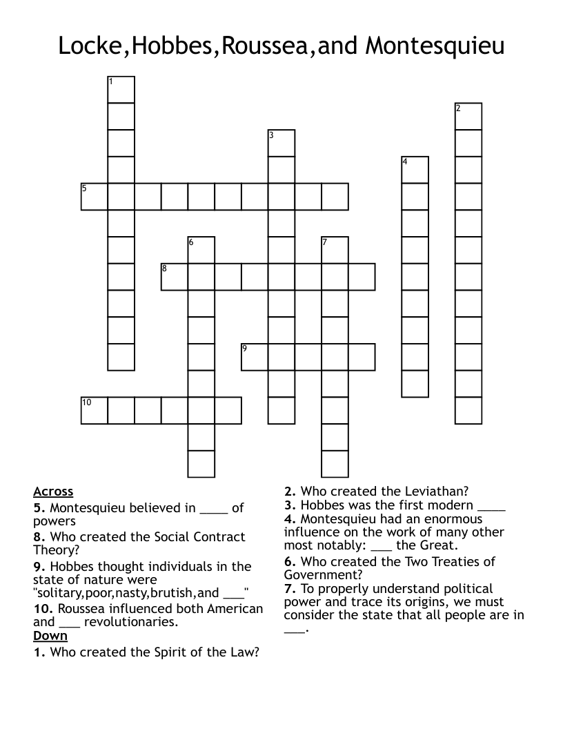 Locke,Hobbes,Roussea,and Montesquieu Crossword