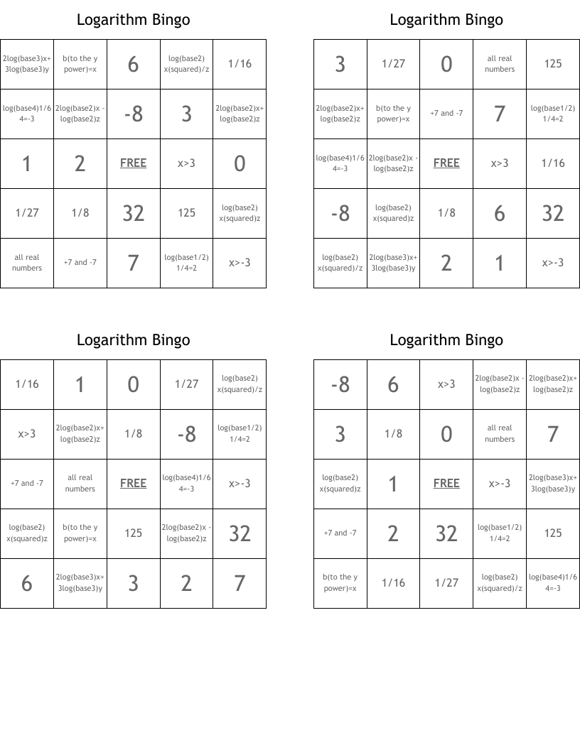 Logarithm Bingo