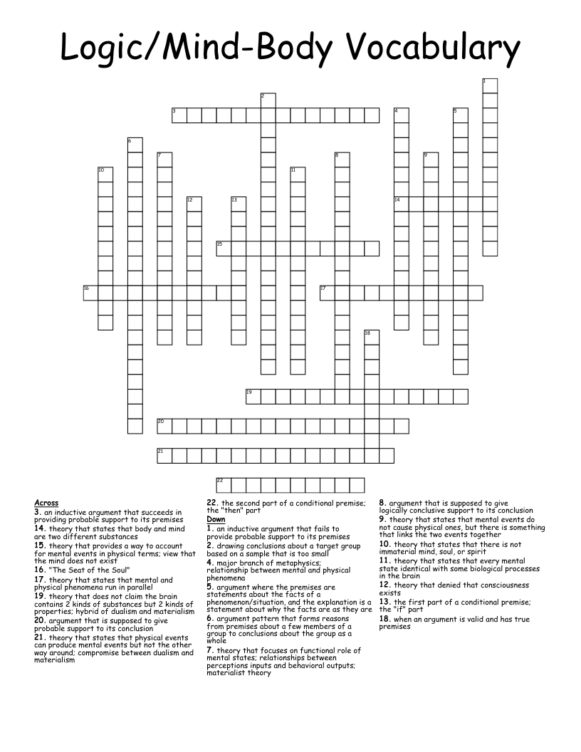 Logic/Mind-Body Vocabulary Crossword