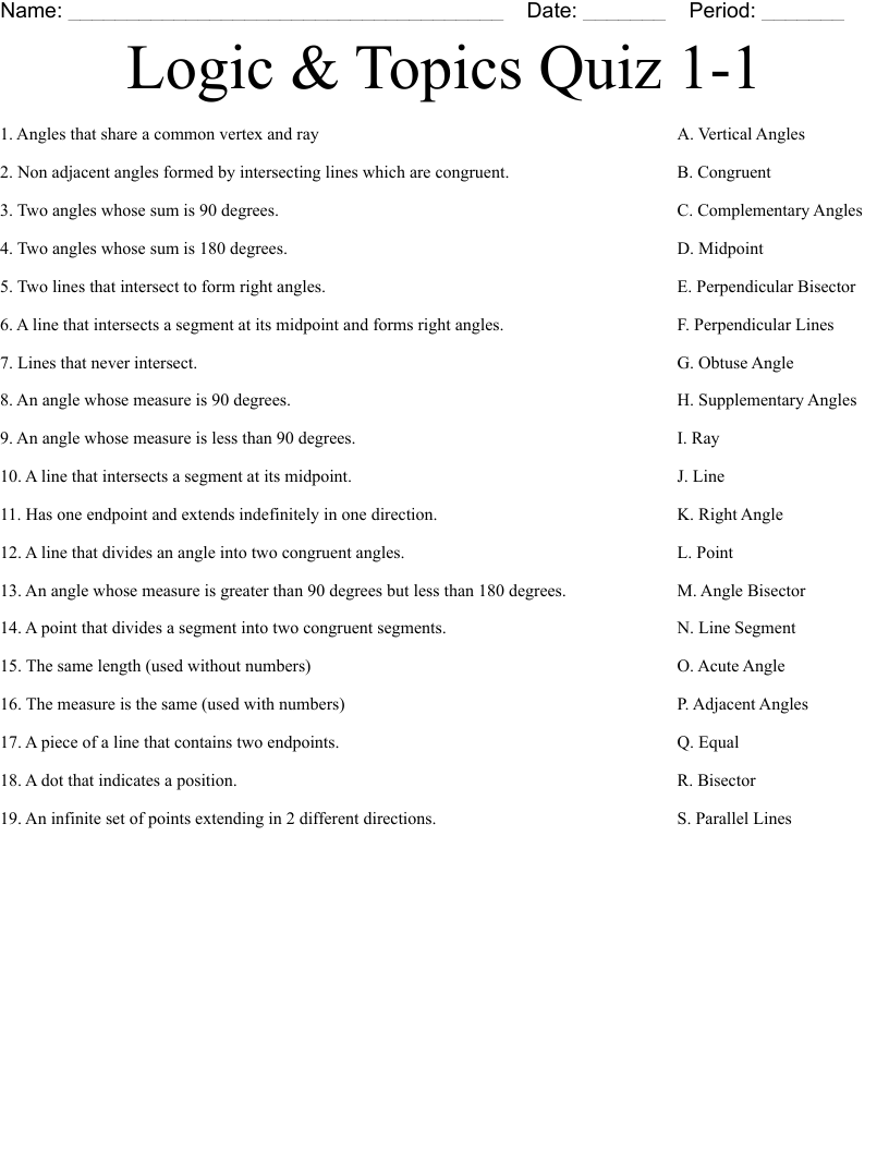 Logic & Topics Quiz 1-1 Worksheet