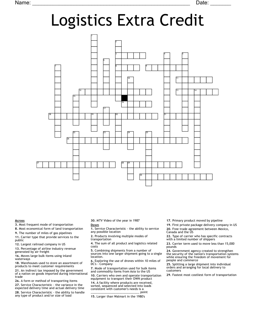Logistics Extra Credit  Crossword