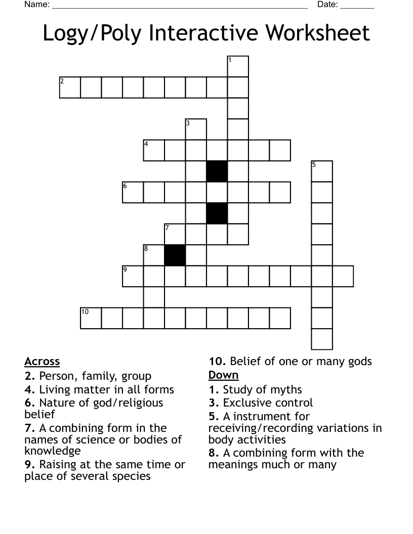 Logy/Poly Interactive Worksheet Crossword