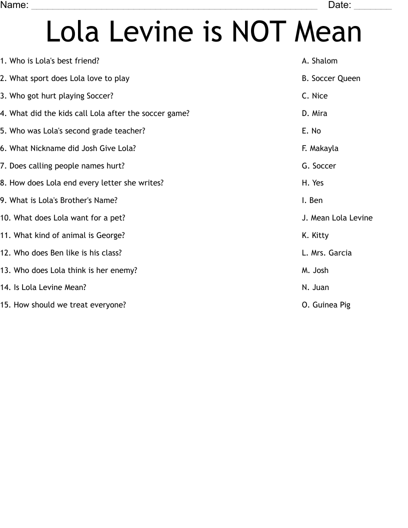 Lola Levine is NOT Mean Worksheet