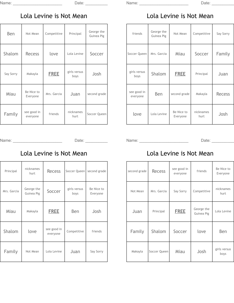 Lola Levine is Not Mean Bingo Cards