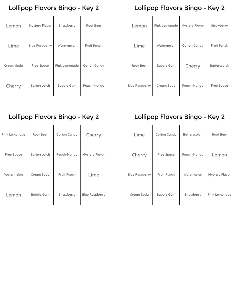Lollipop Flavors Bingo - Key 2