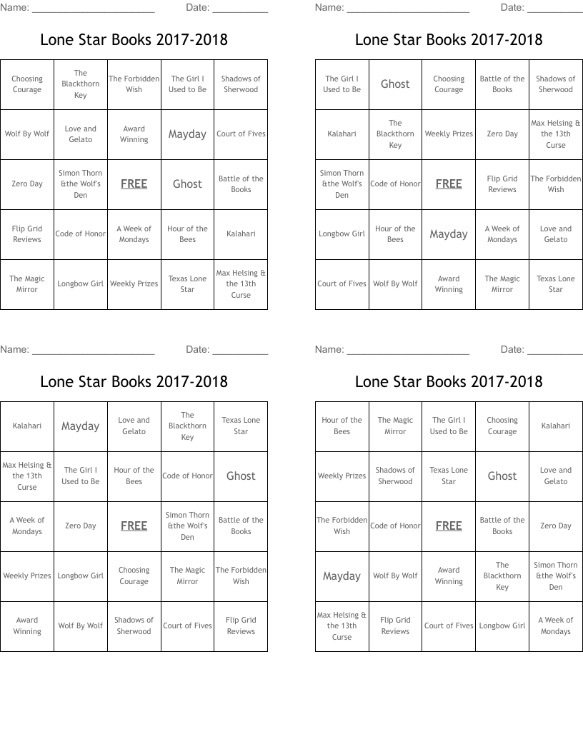 Lone Star Books 2017-2018 Bingo Cards