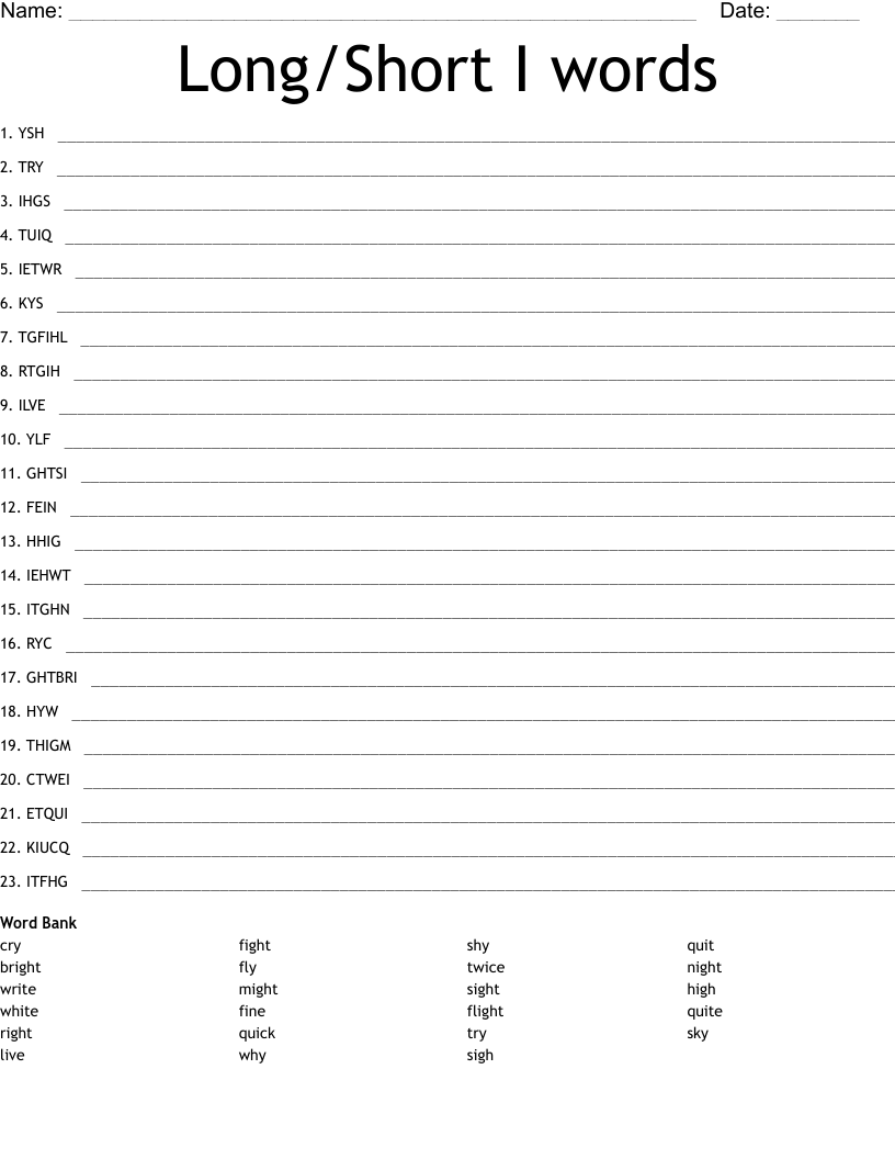 Long/Short I words Word Scramble