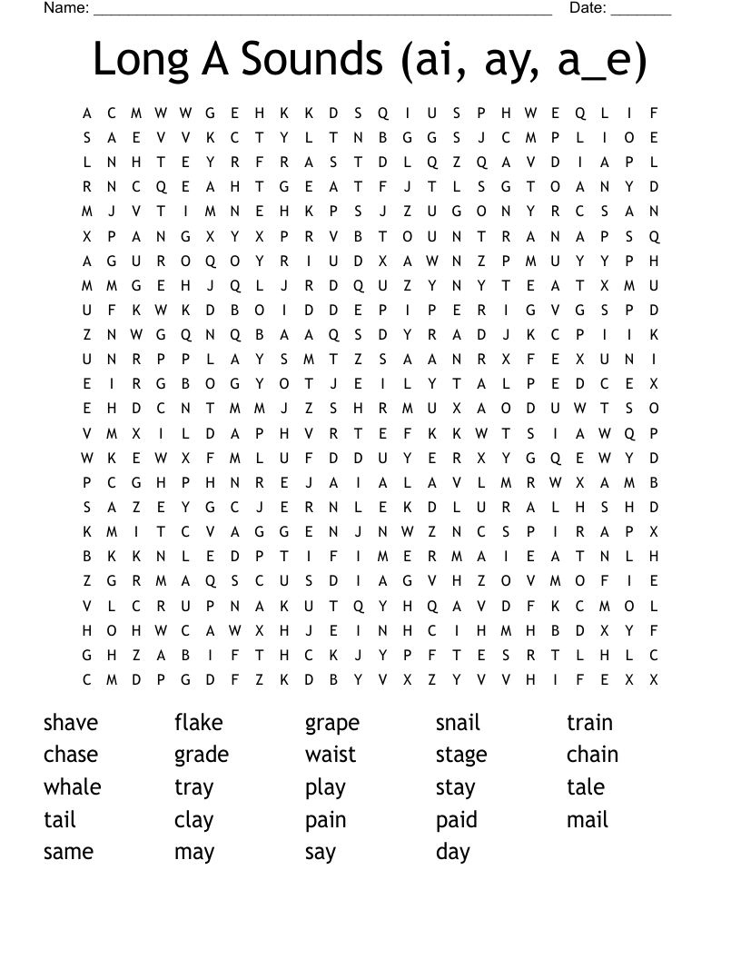 Long A Sounds (ai, ay, a_e) Word Search