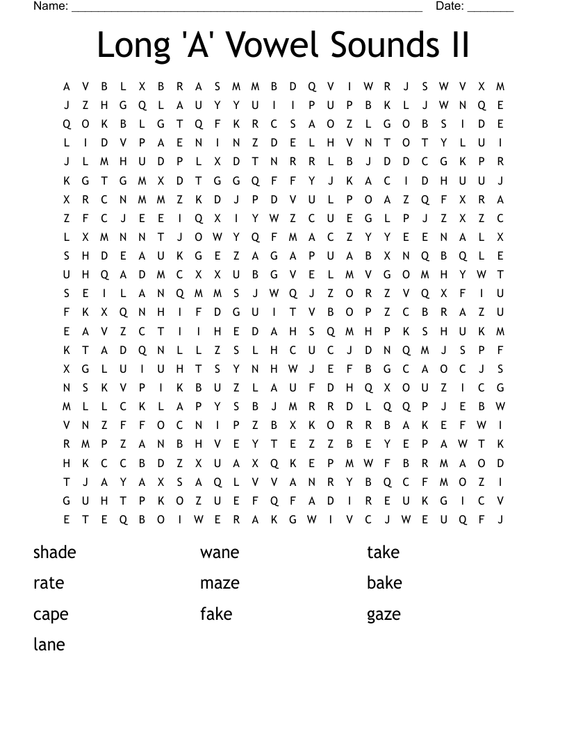 Long 'A' Vowel Sounds II Word Search