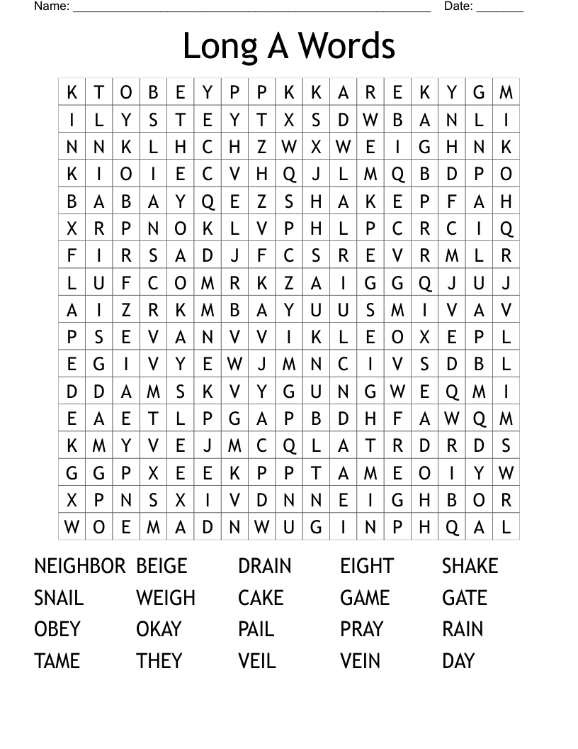 Long A Words Word Search