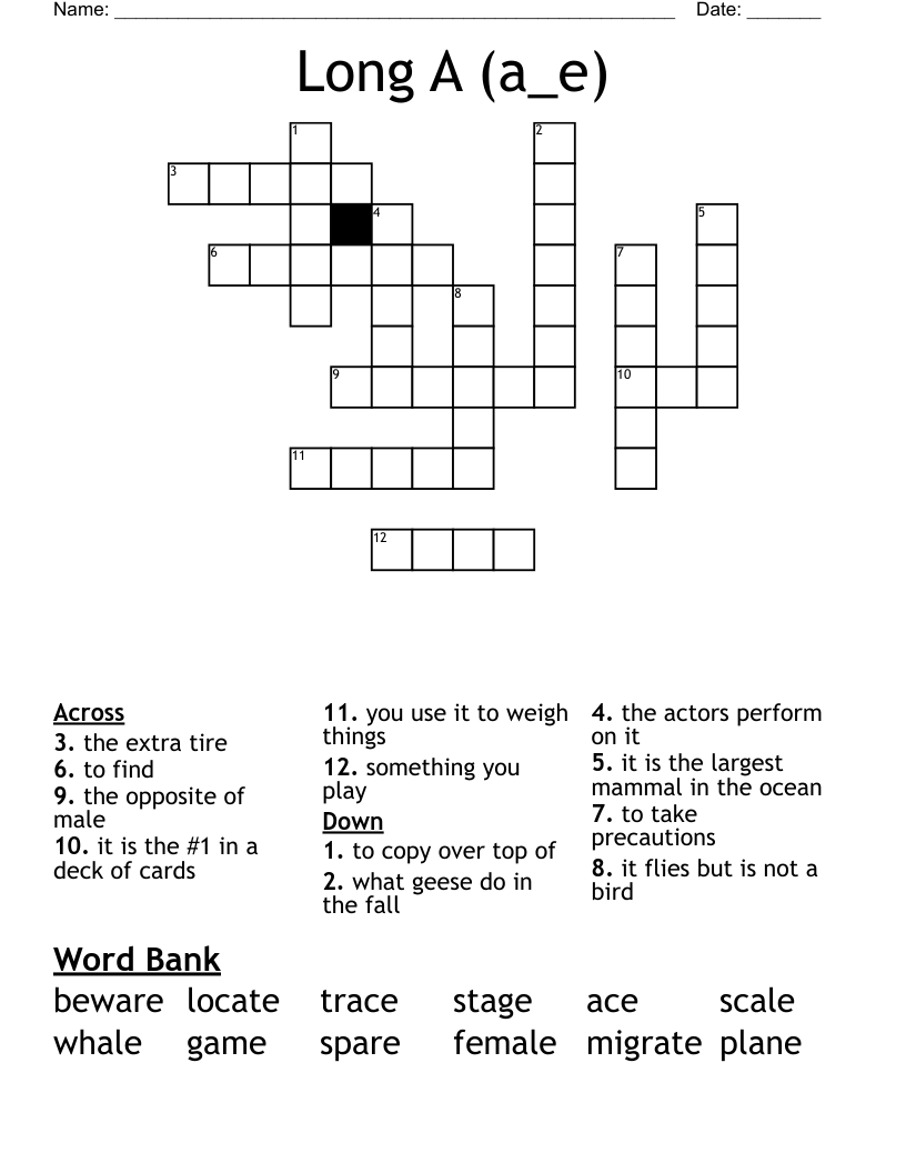 Long A (a_e) Crossword