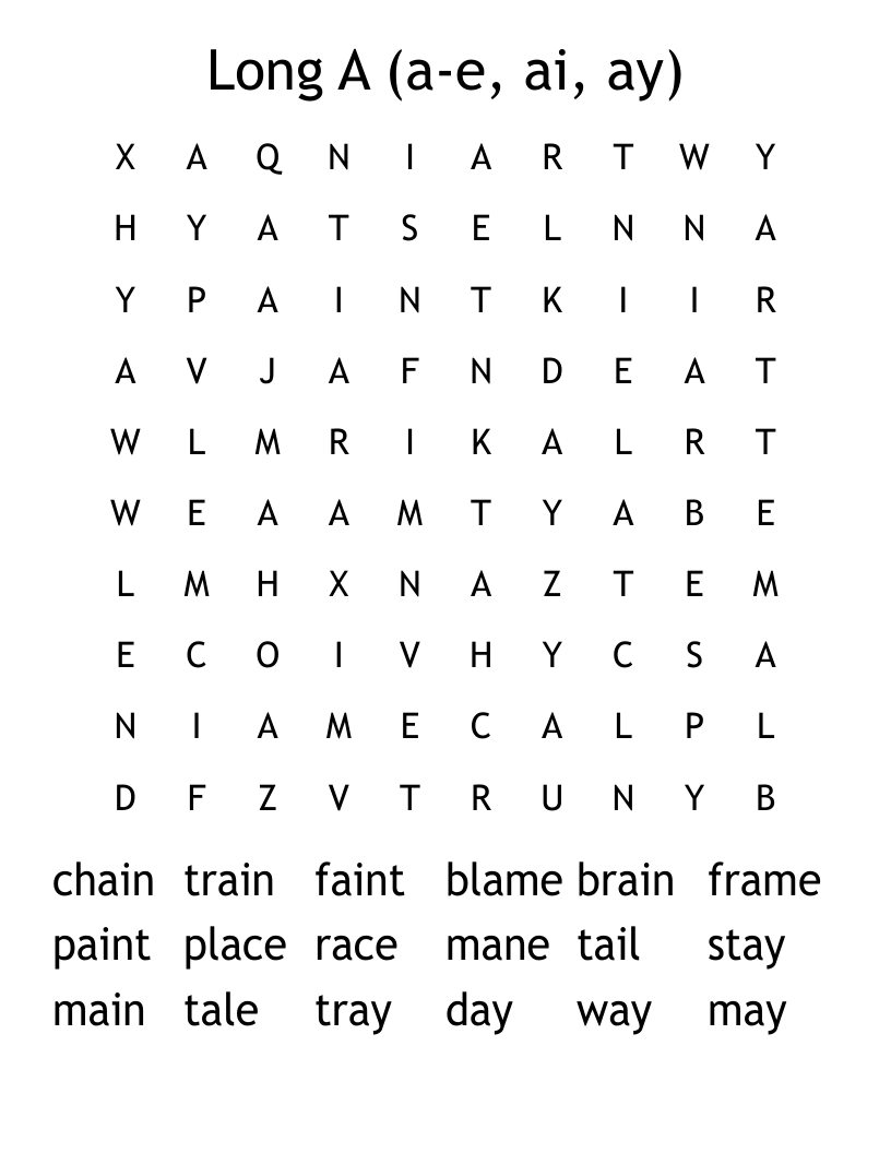 Long A (a-e, ai, ay) Word Search