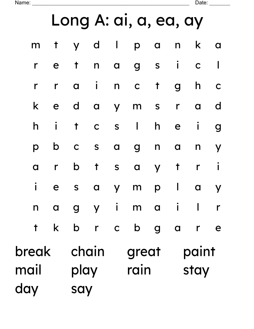 Long A: ai, a, ea, ay Word Search