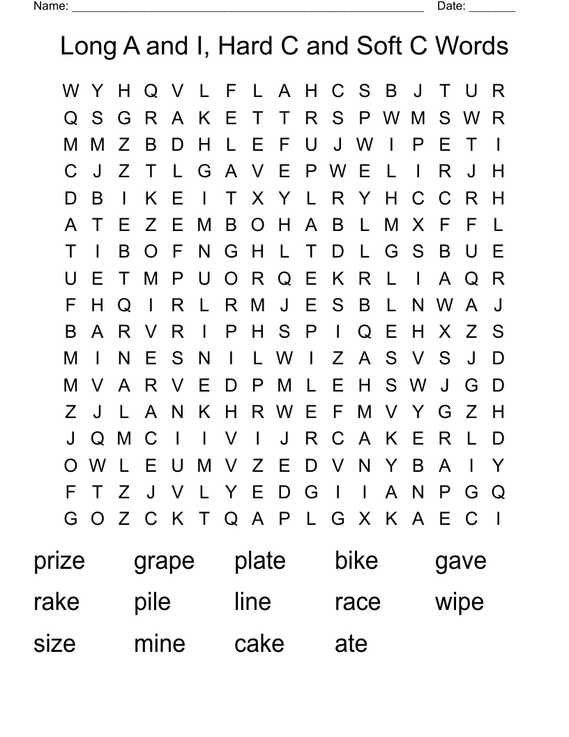Long A and I, Hard C and Soft C Words Word Search