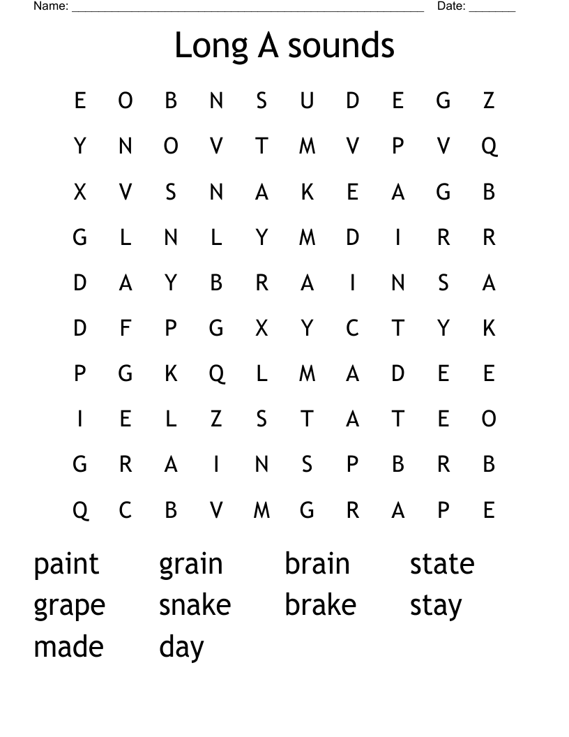 Long A sounds Word Search