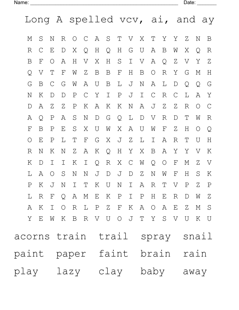 Long A spelled vcv, ai, and ay Word Search