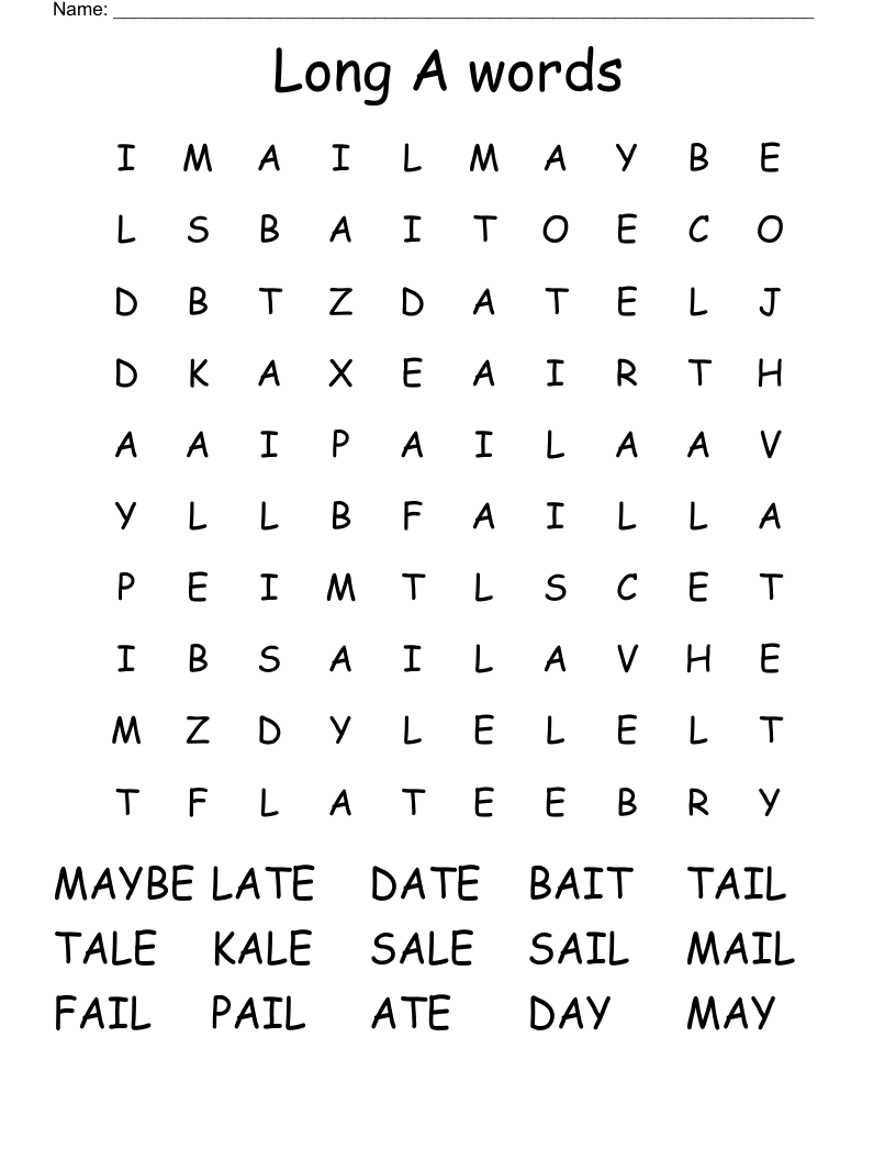 Long A words Word Search